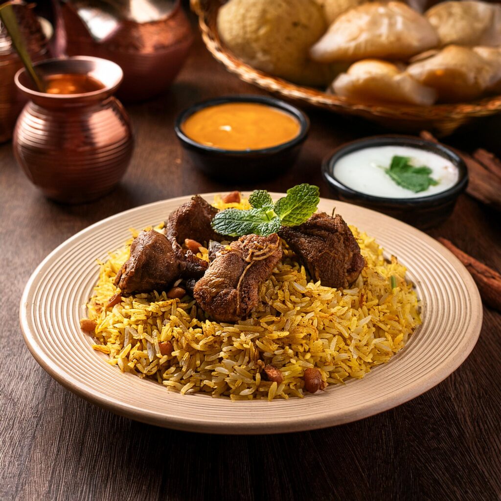 Serving the mutton biryani